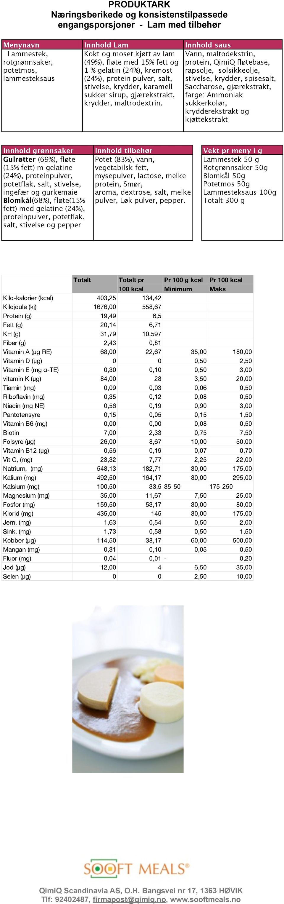 Vann, maltodekstrin, protein, QimiQ fløtebase, rapsolje, solsikkeolje, stivelse, krydder, spisesalt, Saccharose, gjærekstrakt, farge: Ammoniak sukkerkolør, krydderekstrakt og kjøttekstrakt Gulrøtter