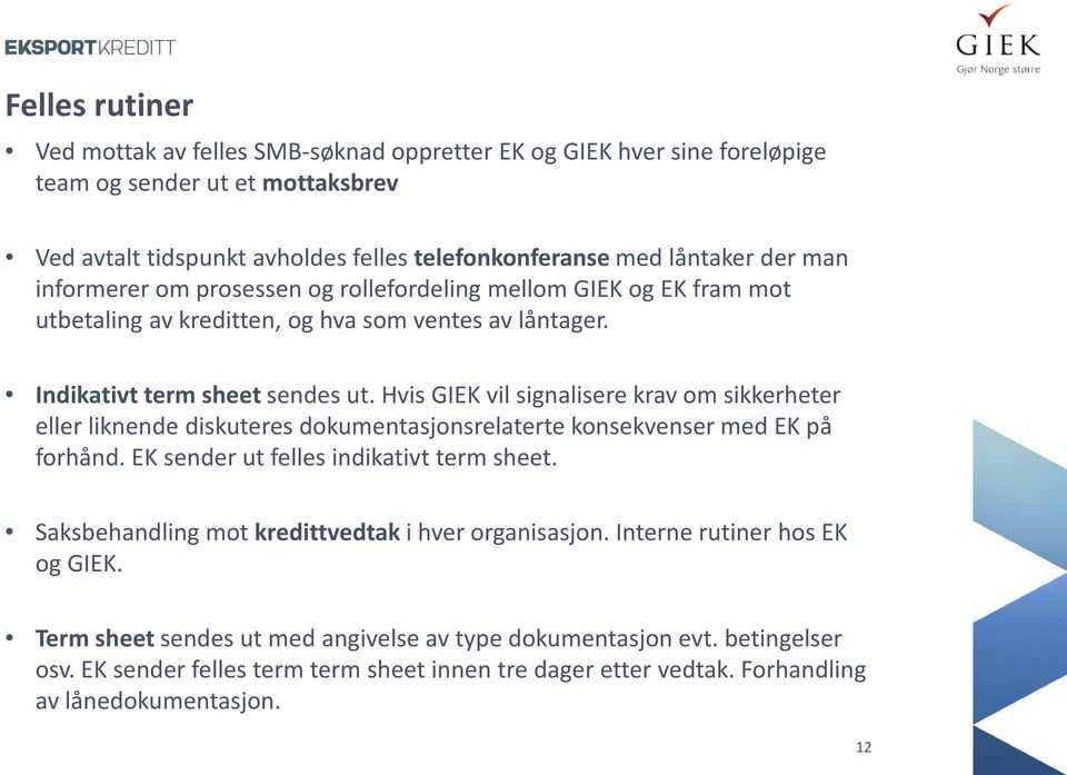 Hvis GIEK vil signalisere krav om sikkerheter eller liknende diskuteres dokumentasjonsrelaterte konsekvenser med EK på forhånd. EK sender ut felles indikativt term sheet.