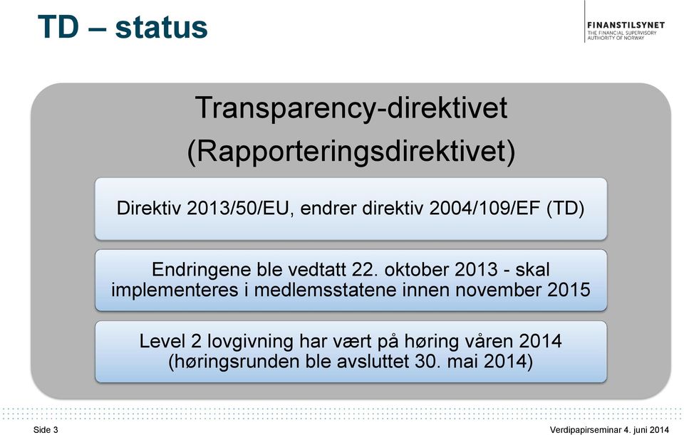 oktober 2013 - skal implementeres i medlemsstatene innen november 2015 Level
