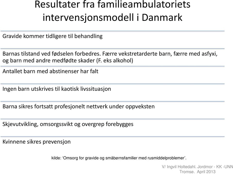 eks alkohol) Antallet barn med abstinenser har falt Ingen barn utskrives til kaotisk livssituasjon Barna sikres fortsatt profesjonelt