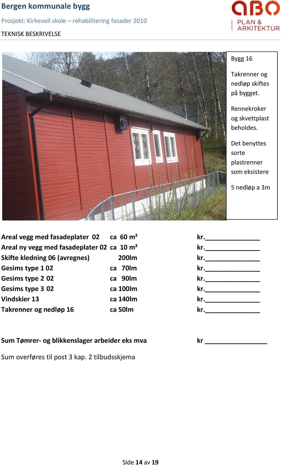 Areal ny vegg med fasadeplater 02 ca 10 m² kr. Skifte kledning 06 (avregnes) 200lm kr. Gesims type 1 02 ca 70lm kr.
