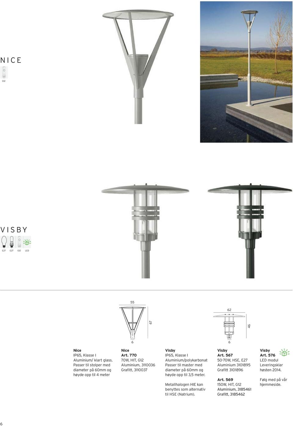 770 70W, HIT, G12 Aluminium, 3110036 Grafitt, 3110037 Visby IP65, Klasse I Aluminium/polykarbonat Passer til master med diameter på 60mm og høyde