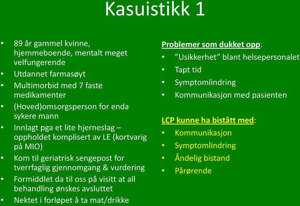 gjennomgang & vurdering Formiddlet da til oss på visitt at all behandling ønskes avsluttet Nektet i forløpet å ta mat/drikke Problemer som dukket opp: