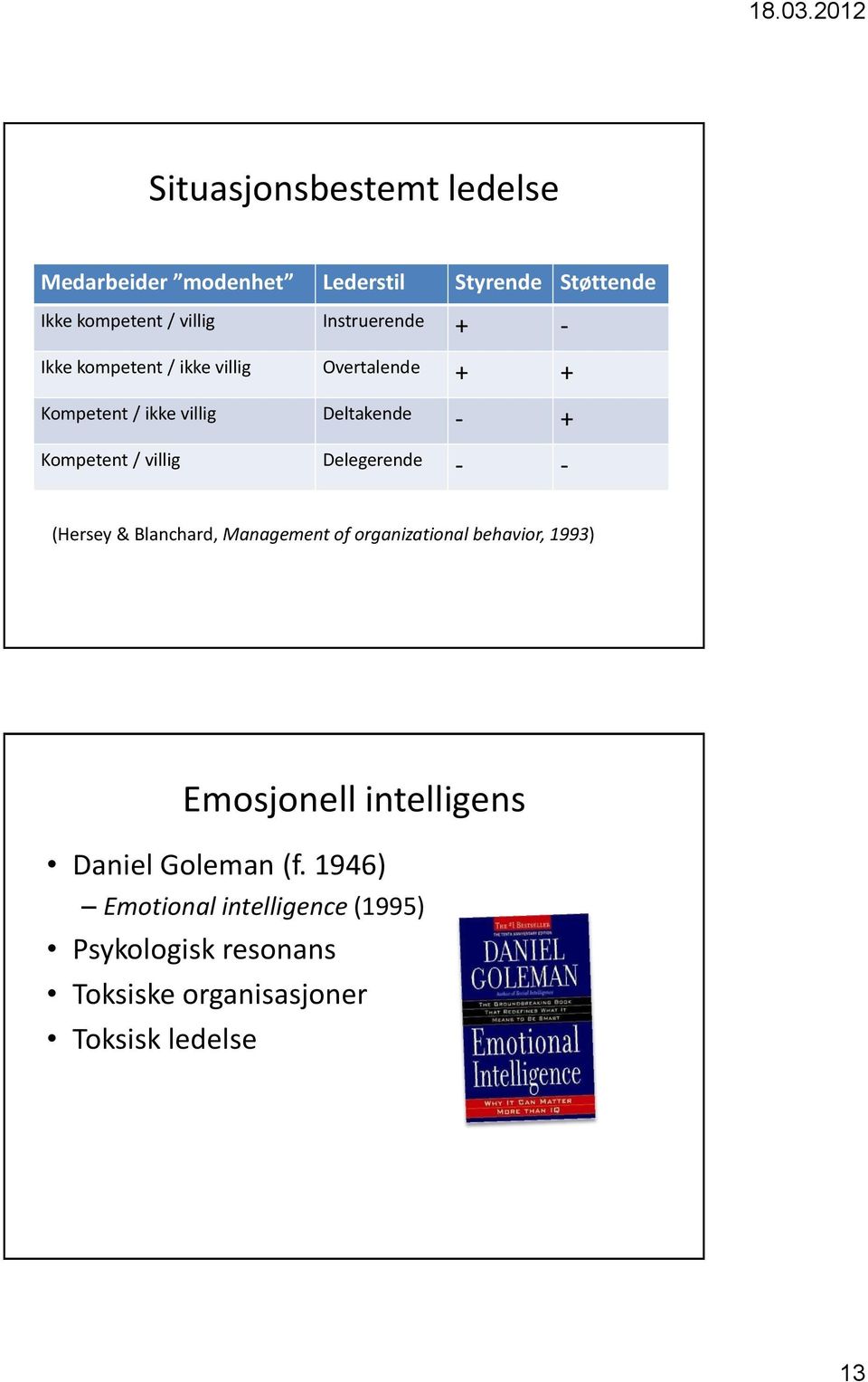 / villig Delegerende - - (Hersey & Blanchard, Management of organizational behavior, 1993) Emosjonell