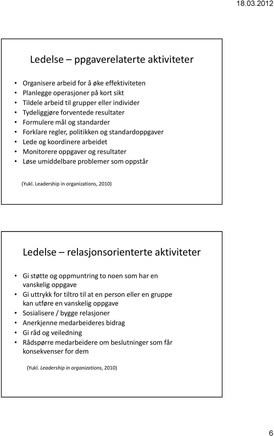 Leadership in organizations, 2010) Ledelse relasjonsorienterte aktiviteter Gi støtte og oppmuntring to noen som har en vanskelig oppgave Gi uttrykk for tiltro til at en person eller en gruppe kan