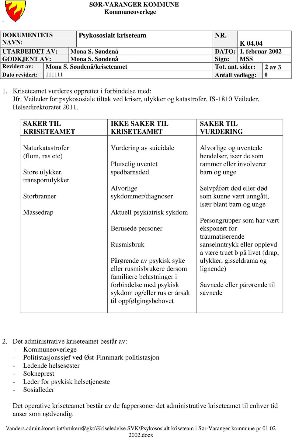 SAKER TIL KRISETEAMET Naturkatastrofer (flom, ras etc) Store ulykker, transportulykker Storbranner Massedrap IKKE SAKER TIL KRISETEAMET Vurdering av suicidale Plutselig uventet spedbarnsdød Alvorlige