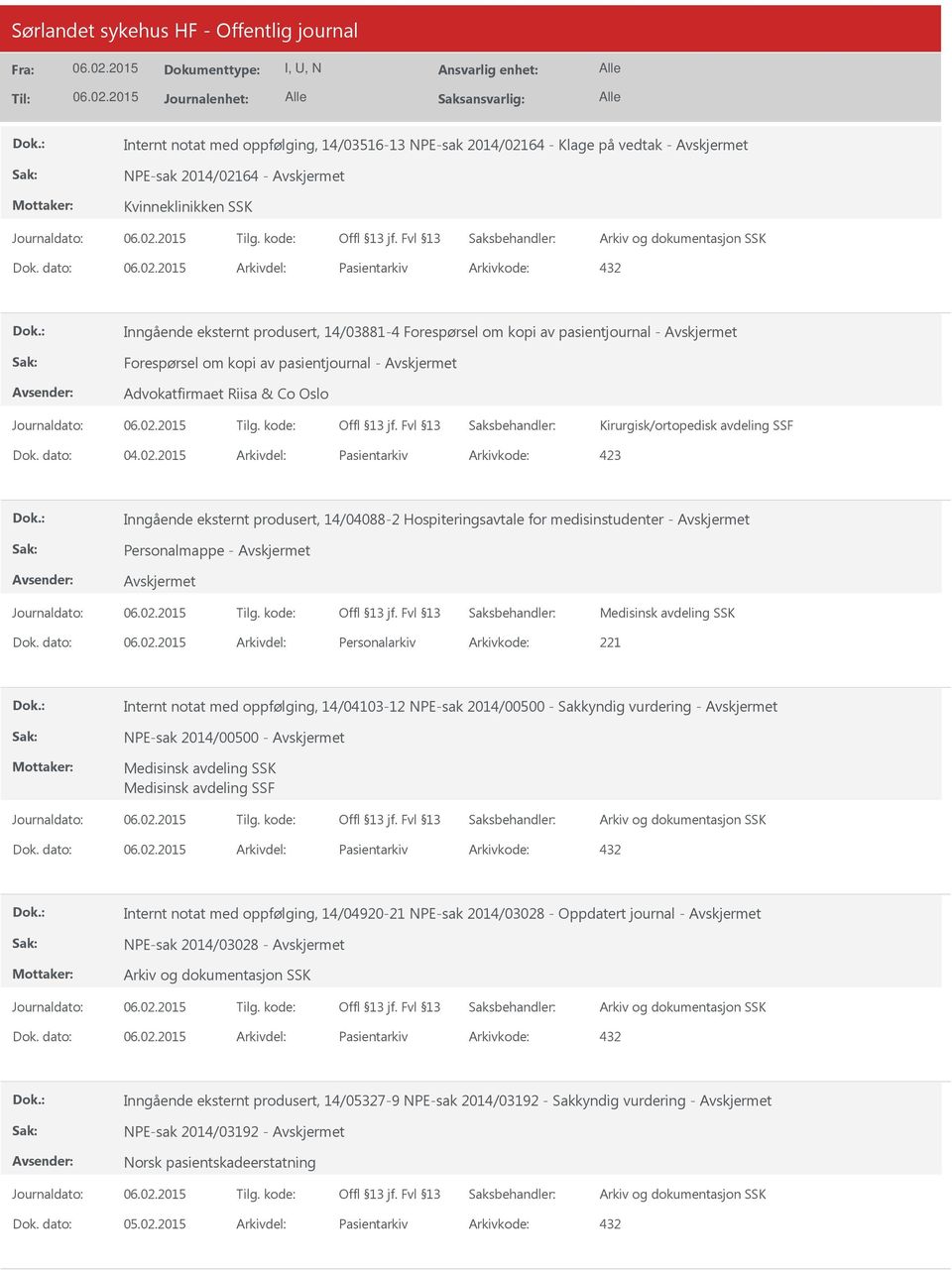 Hospiteringsavtale for medisinstudenter - Personalmappe - Medisinsk avdeling SSK Personalarkiv 221 Internt notat med oppfølging, 14/04103-12 NPE-sak 2014/00500 - Sakkyndig vurdering - NPE-sak