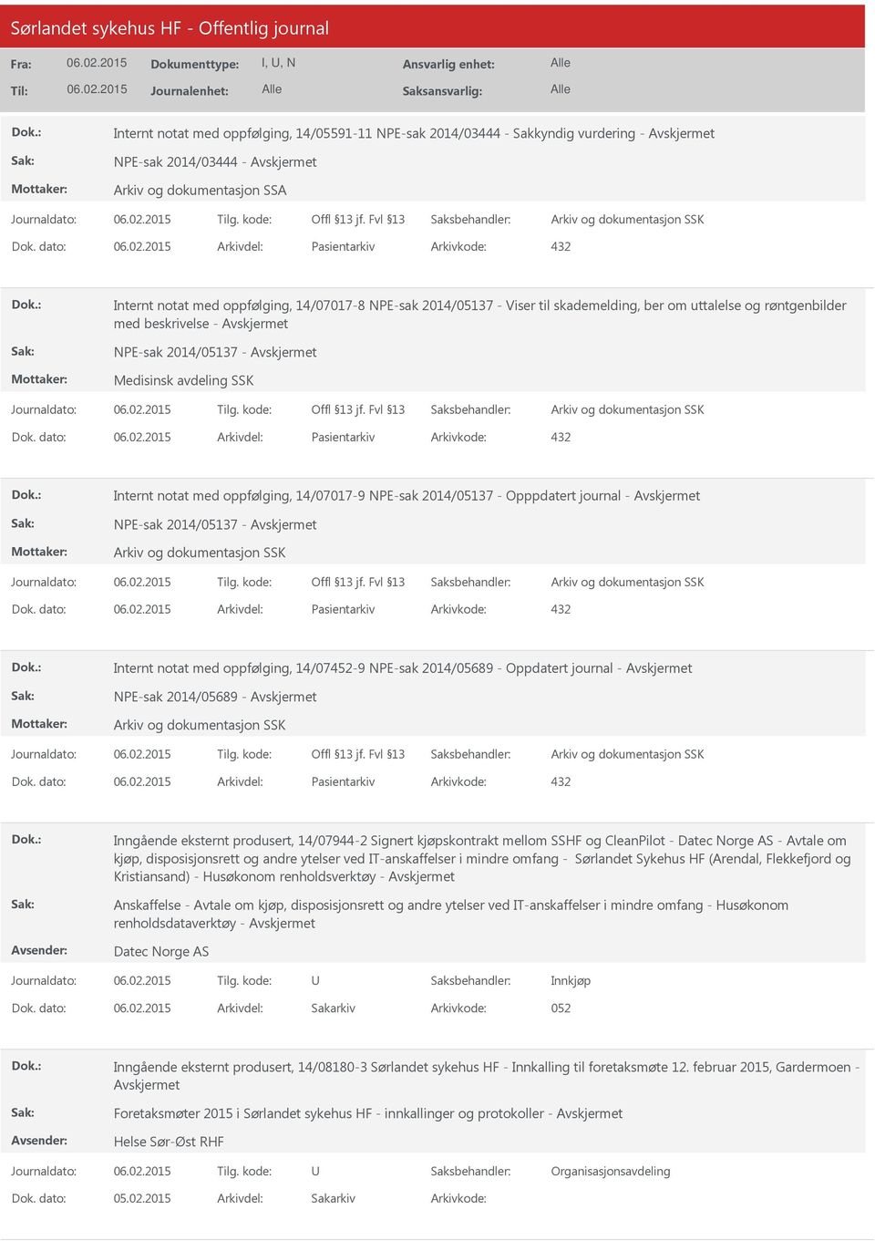 NPE-sak 2014/05137 - Opppdatert journal - NPE-sak 2014/05137 - Pasientarkiv 432 Internt notat med oppfølging, 14/07452-9 NPE-sak 2014/05689 - Oppdatert journal - NPE-sak 2014/05689 - Pasientarkiv 432