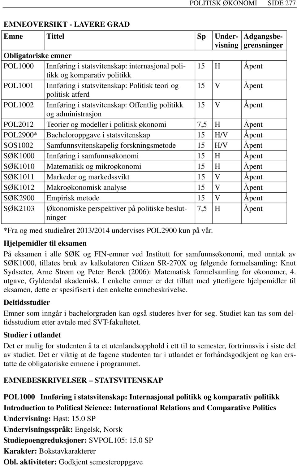 politisk økonomi 7,5 H Åpent POL2900* Bacheloroppgave i statsvitenskap 15 H/V Åpent SOS1002 Samfunnsvitenskapelig forskningsmetode 15 H/V Åpent SØK1000 Innføring i samfunnsøkonomi 15 H Åpent SØK1010