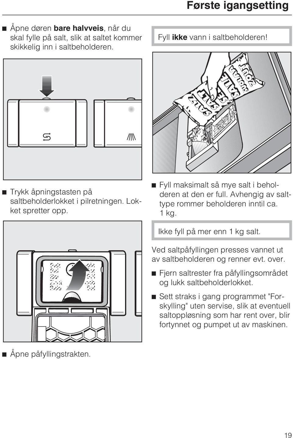 Avhengig av salttype rommer beholderen inntil ca. 1 kg. Ikke fyll på mer enn 1 kg salt. Ved saltpåfyllingen presses vannet ut av saltbeholderen og renner evt. over.