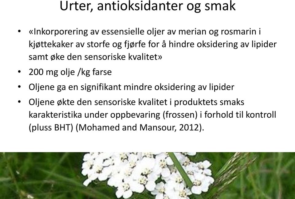 farse Oljene ga en signifikant mindre oksidering av lipider Oljene økte den sensoriske kvalitet i