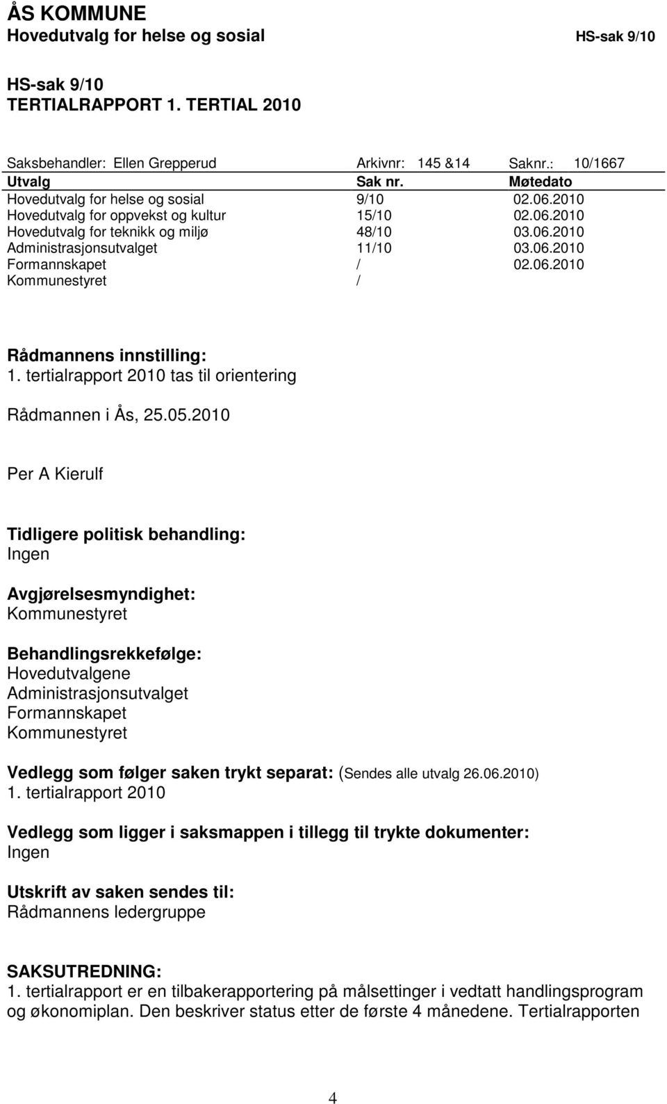 06.2010 Kommunestyret / Rådmannens innstilling: 1. tertialrapport 2010 tas til orientering Rådmannen i Ås, 25.05.