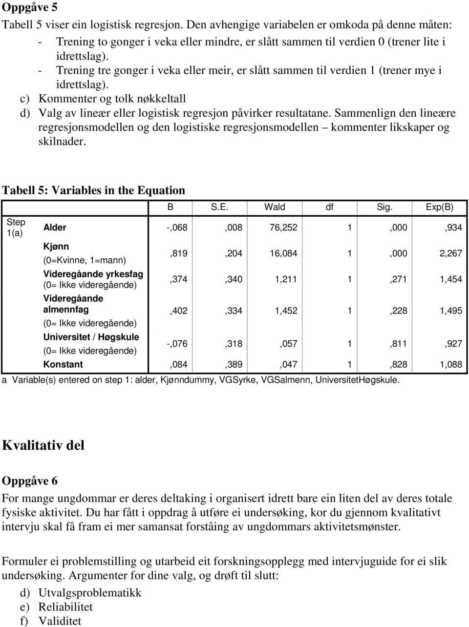 Sammenlign den lineære regresjonsmodellen og den logistiske regresjonsmodellen kommenter likskaper og skilnader. Tabell 5: Variables in the Equation Step 1(a) B S.E. Wald df Sig.