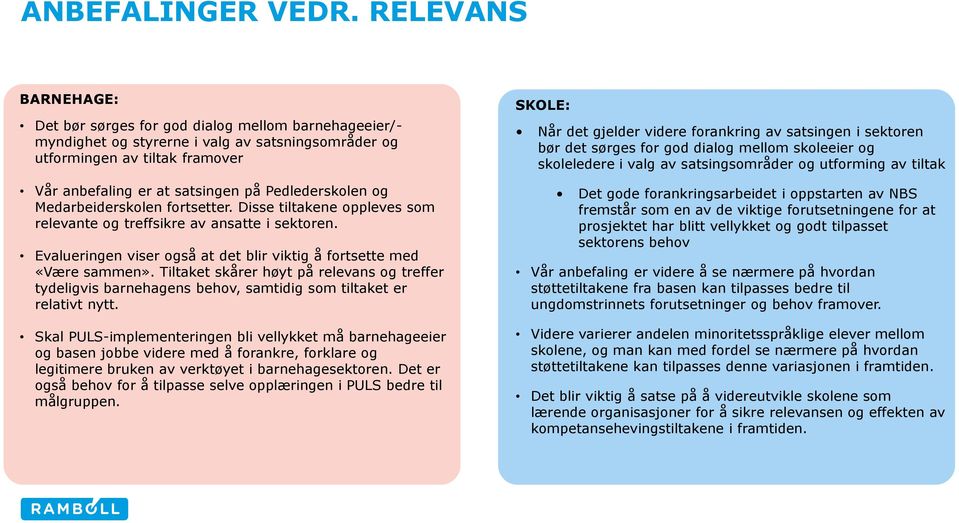 Pedlederskolen og Medarbeiderskolen fortsetter. Disse tiltakene oppleves som relevante og treffsikre av ansatte i sektoren. Evalueringen viser også at det blir viktig å fortsette med «Være sammen».