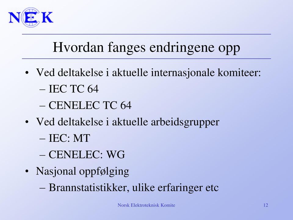 i aktuelle arbeidsgrupper IEC: MT CENELEC: WG Nasjonal