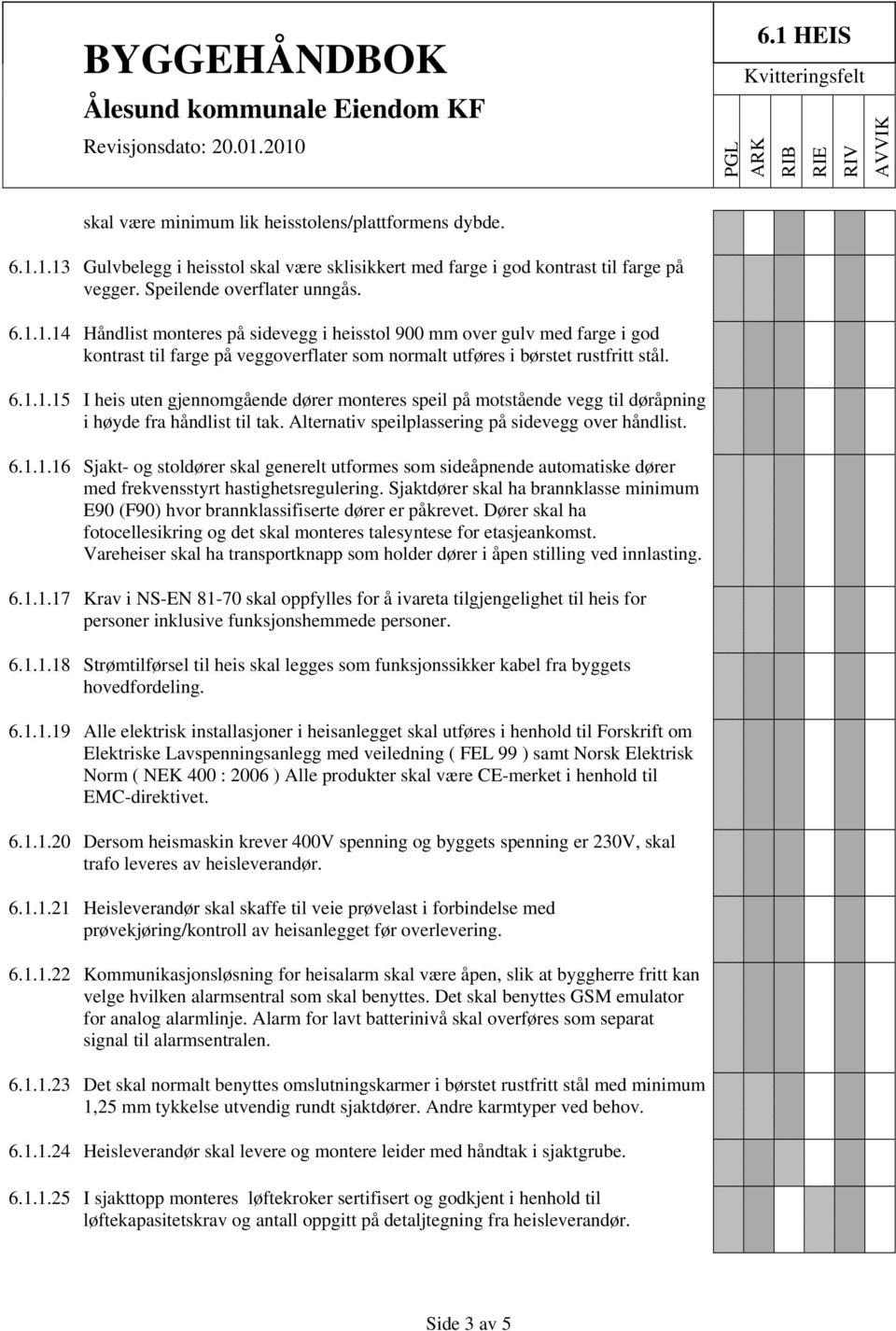 6.1.1.15 I heis uten gjennomgående dører monteres speil på motstående vegg til døråpning i høyde fra håndlist til tak. Alternativ speilplassering på sidevegg over håndlist. 6.1.1.16 Sjakt- og stoldører skal generelt utformes som sideåpnende automatiske dører med frekvensstyrt hastighetsregulering.