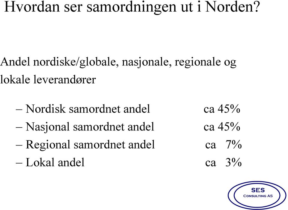 leverandører Nordisk samordnet andel ca 45% Nasjonal
