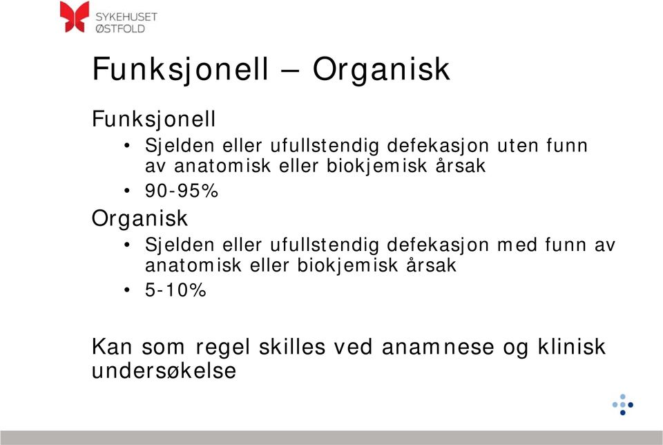 Organisk Sjelden eller ufullstendig defekasjon med funn av anatomisk