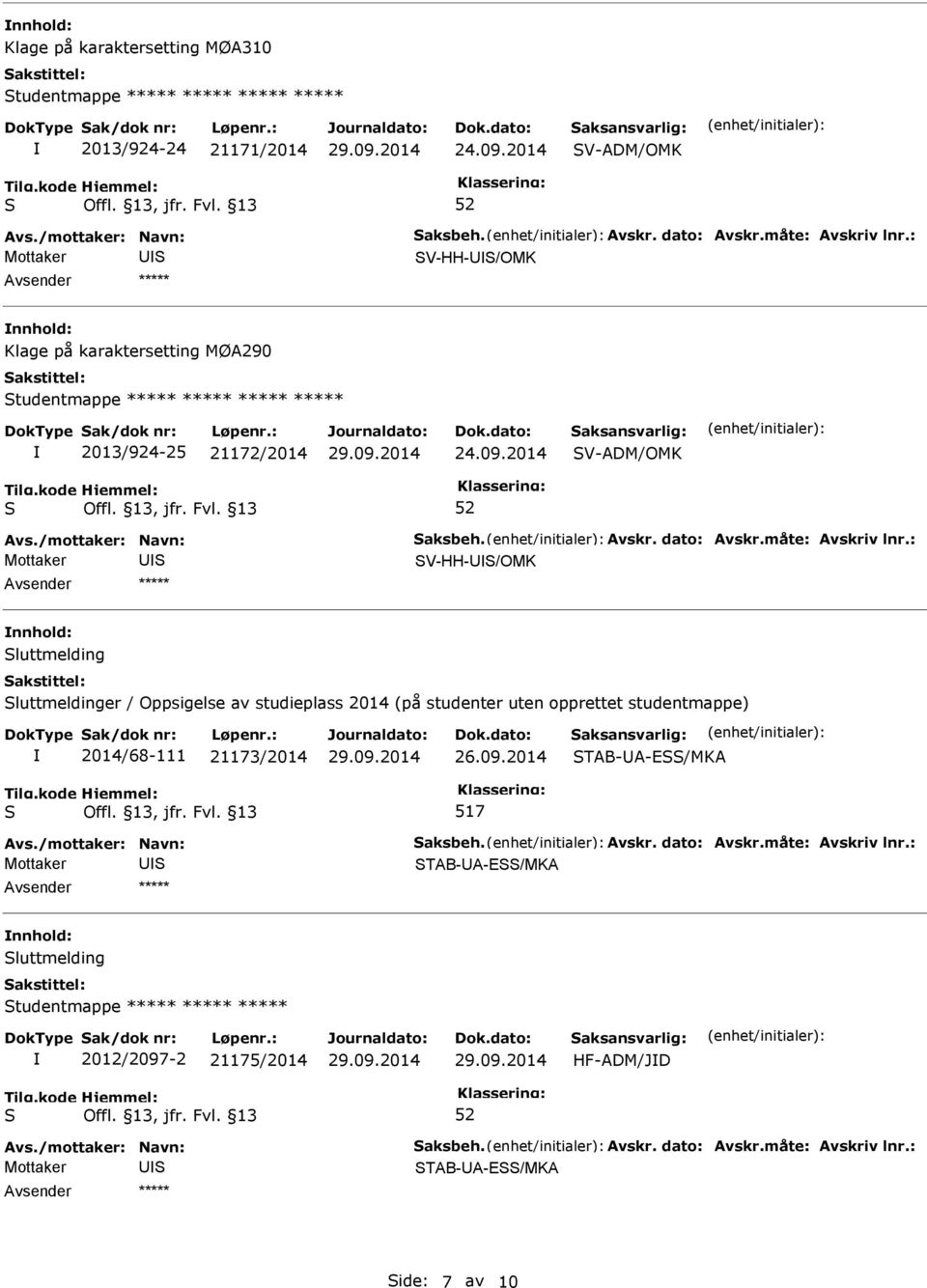 2014 V-ADM/OMK Mottaker V-HH-/OMK luttmelding luttmeldinger / Oppsigelse av studieplass 2014 (på studenter uten opprettet studentmappe)