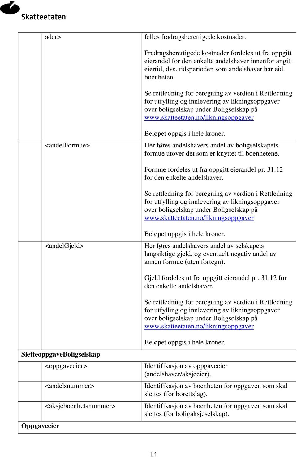 skatteetaten.no/likningsoppgaver <andelformue> Beløpet oppgis i hele kroner. Her føres andelshavers andel av boligselskapets formue utover det som er knyttet til boenhetene.