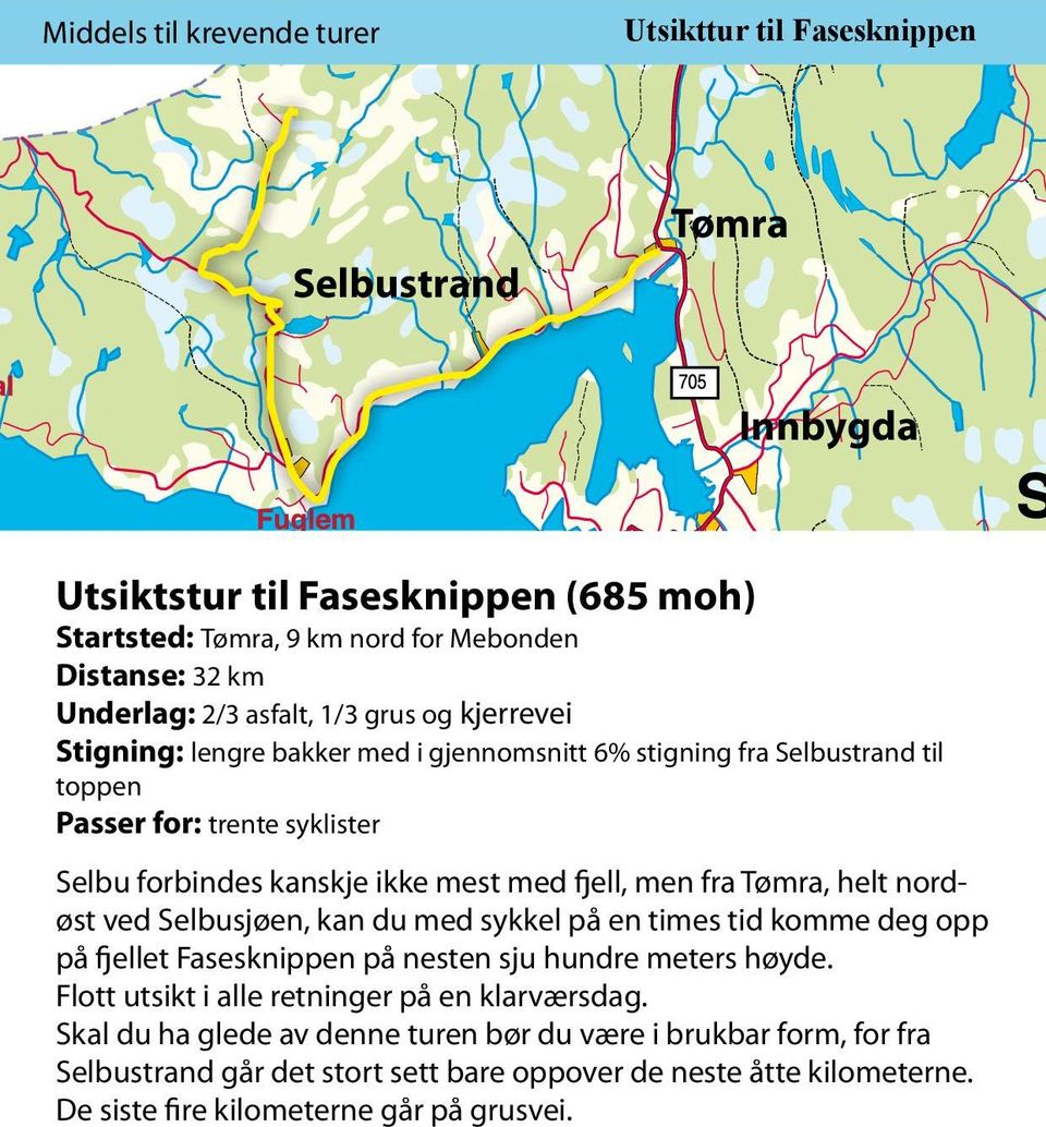 men fra Tømra, helt nordøst ved Selbusjøen, kan du med sykkel på en times tid komme deg opp på fjellet Fasesknippen på nesten sju hundre meters høyde.