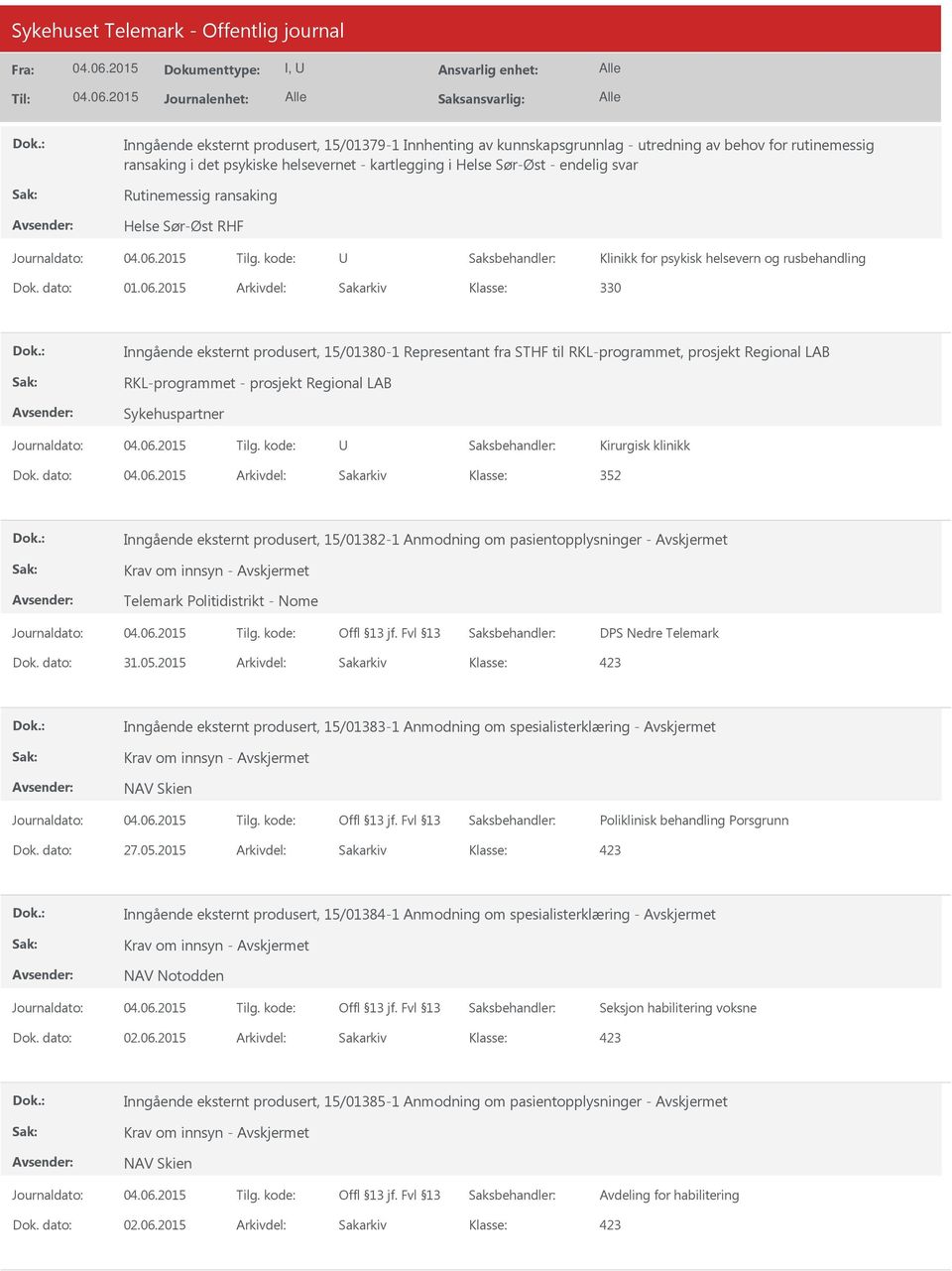 RKL-programmet - prosjekt Regional LAB Sykehuspartner Kirurgisk klinikk 352 Inngående eksternt produsert, 15/01382-1 Anmodning om pasientopplysninger - Krav om innsyn - Telemark Politidistrikt - Nome