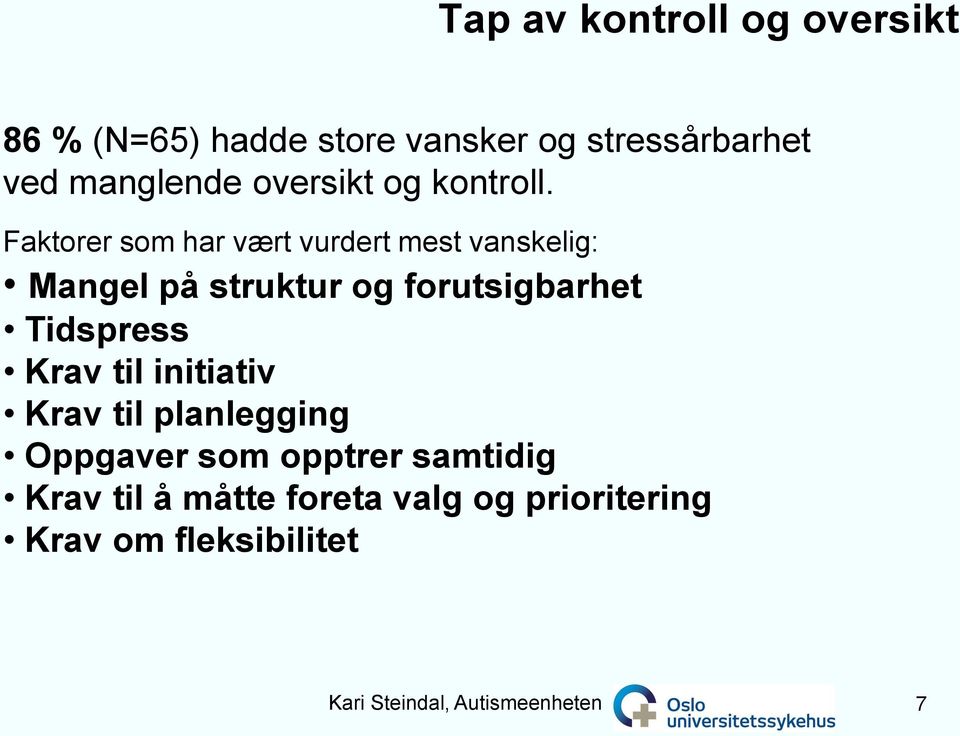 Faktorer som har vært vurdert mest vanskelig: Mangel på struktur og forutsigbarhet Tidspress