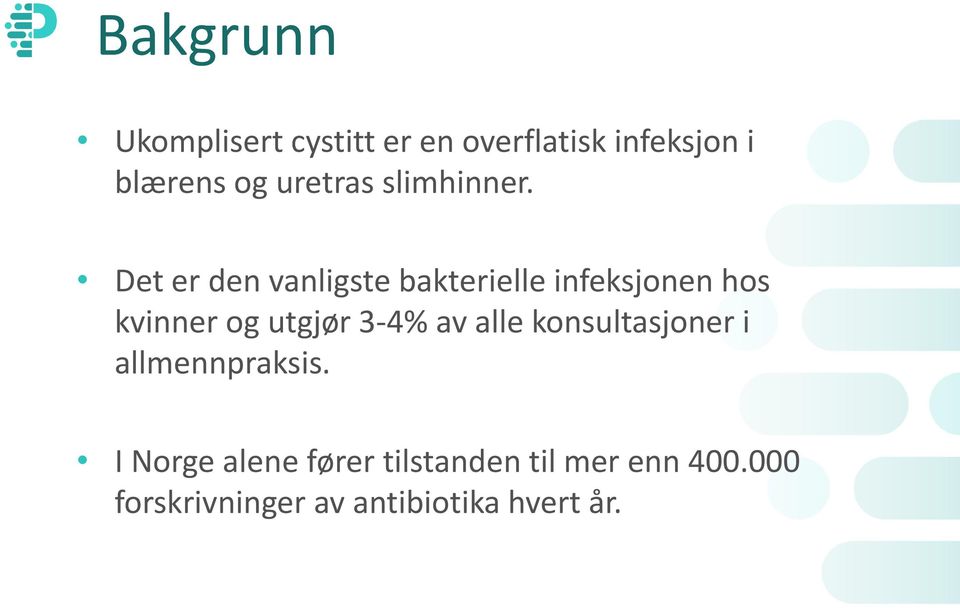 Det er den vanligste bakterielle infeksjonen hos kvinner og utgjør 3-4%