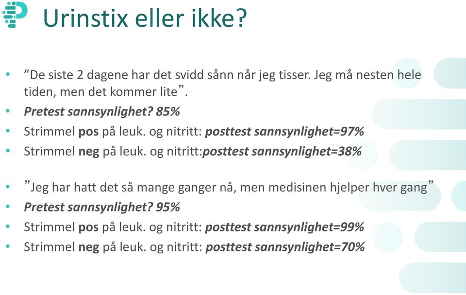 og nitritt:posttest sannsynlighet=38% Jeg har hatt det så mange ganger nå, men medisinen hjelper hver gang Pretest