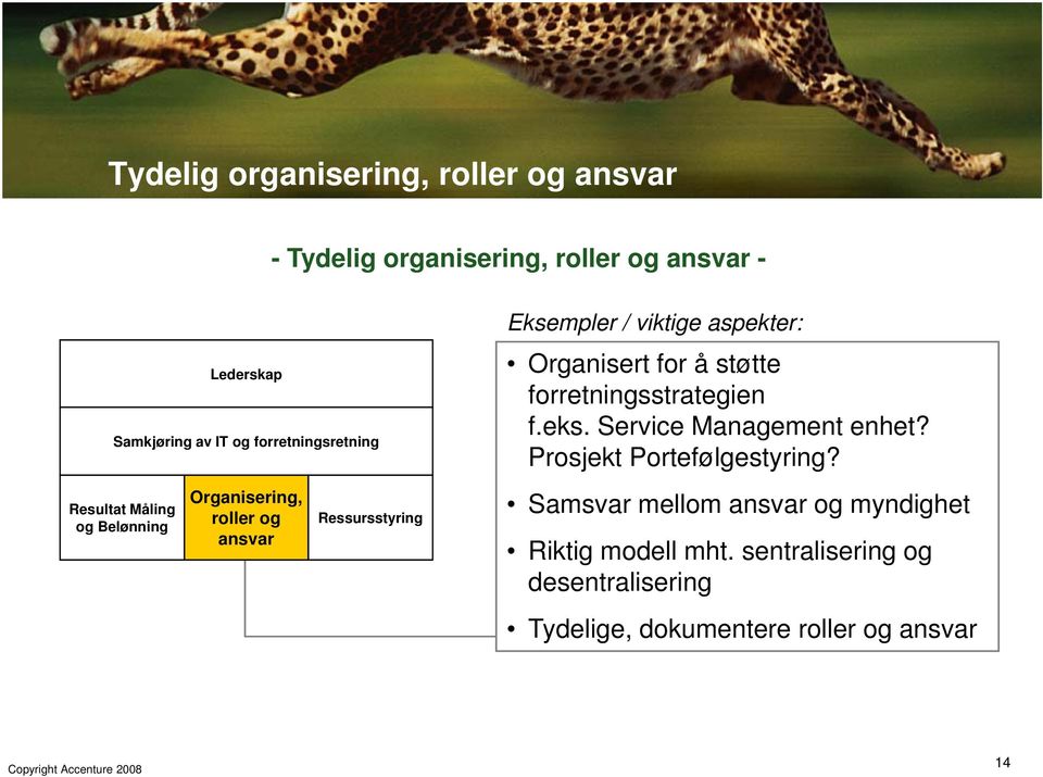 aspekter: Organisert for å støtte forretningsstrategien f.eks. Service Management enhet? Prosjekt Portefølgestyring?