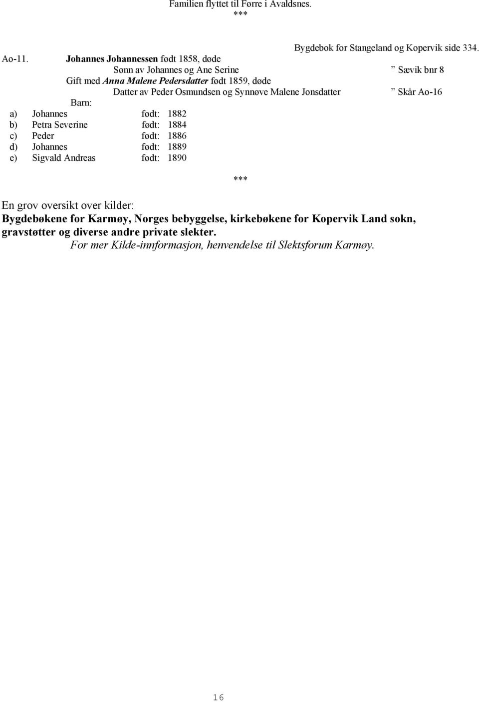 Synnøve Malene Jonsdatter Skår Ao-16 a) Johannes født: 1882 b) Petra Severine født: 1884 c) Peder født: 1886 d) Johannes født: 1889 e) Sigvald Andreas født: