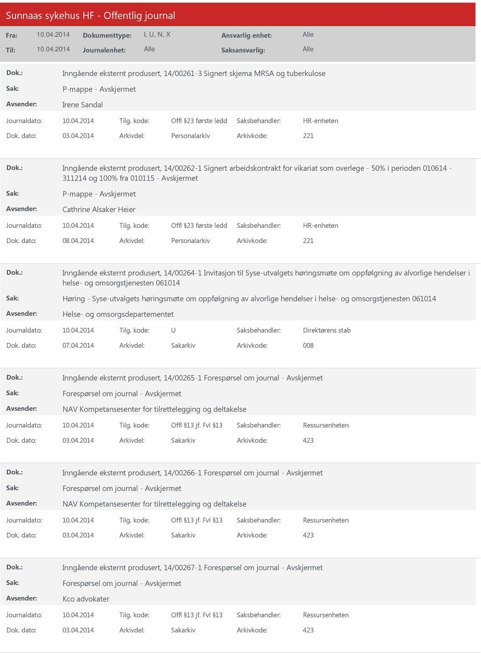 2014 Arkivdel: Personalarkiv Arkivkode: 221 Inngående eksternt produsert, 14/00264-1 Invitasjon til Syse-utvalgets høringsmøte om oppfølgning av alvorlige hendelser i helse- og omsorgstjenesten