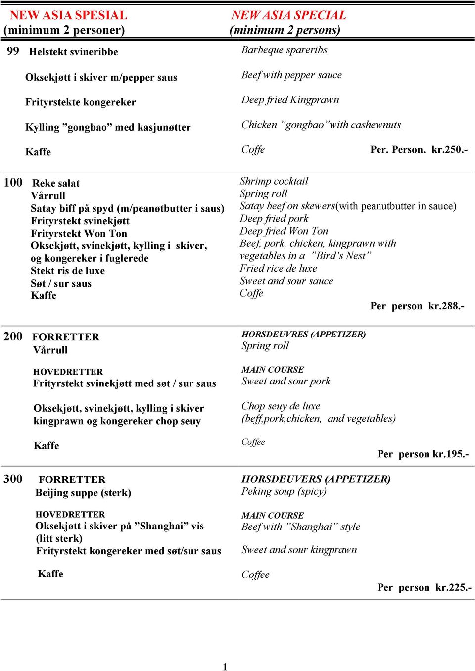 - 100 Reke salat Vårrull Satay biff på spyd (m/peanøtbutter i saus) Frityrstekt svinekjøtt Frityrstekt Won Ton Oksekjøtt, svinekjøtt, kylling i skiver, og kongereker i fuglerede Stekt ris de luxe Søt