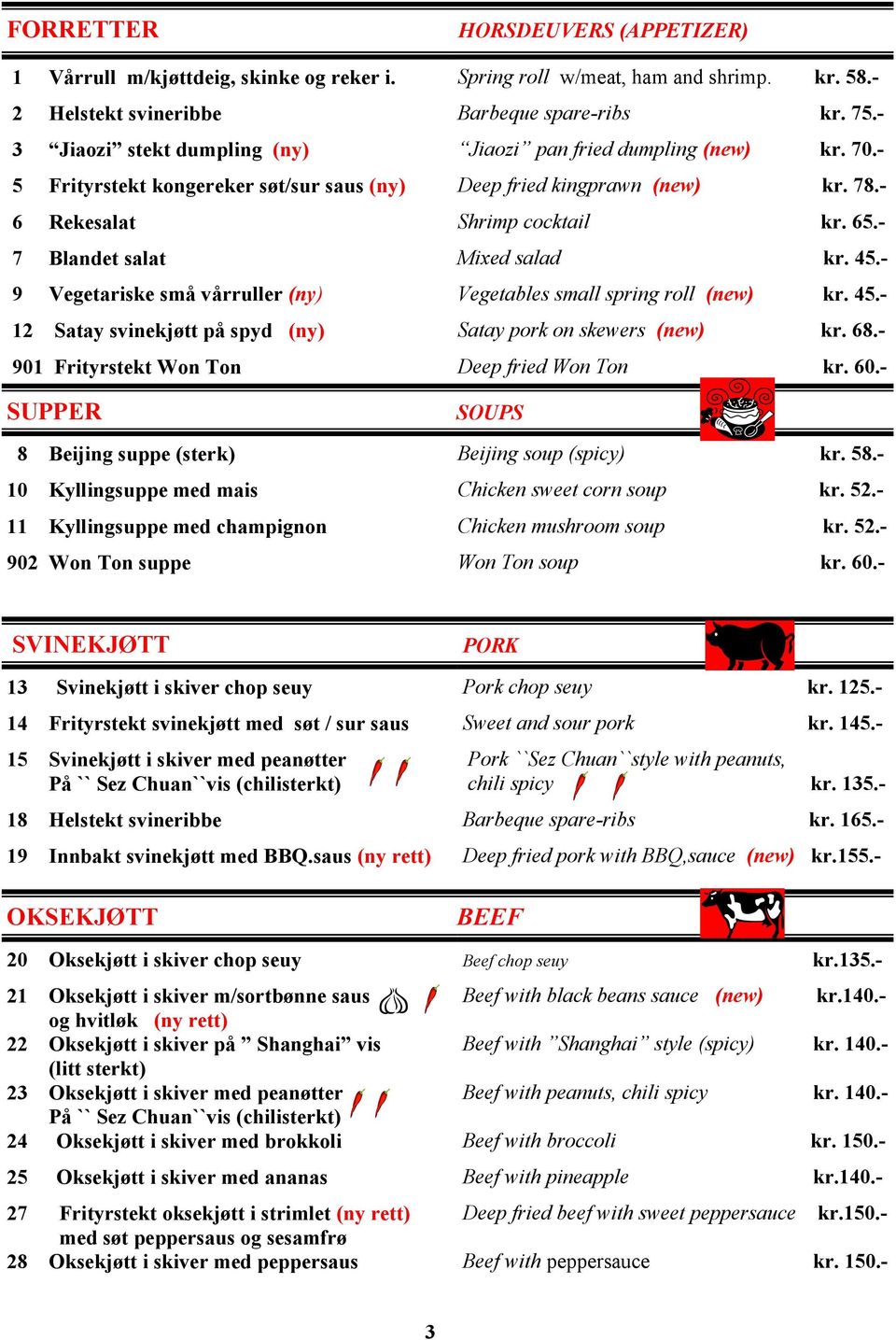 Frityrstekt Won Ton SUPPER 8 Beijing suppe (sterk) 10 Kyllingsuppe med mais 11 Kyllingsuppe med champignon 902 Won Ton suppe HORSDEUVERS (APPETIZER) Spring roll w/meat, ham and shrimp. kr. 58.