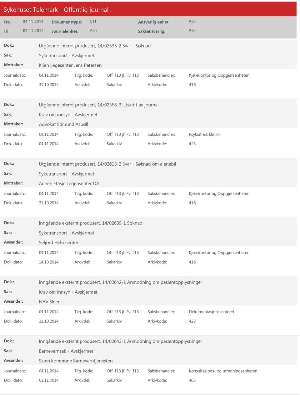 Inngående eksternt produsert, 14/02639-1 Søknad Syketransport - Seljord Helsesenter Dok. dato: 14.10.