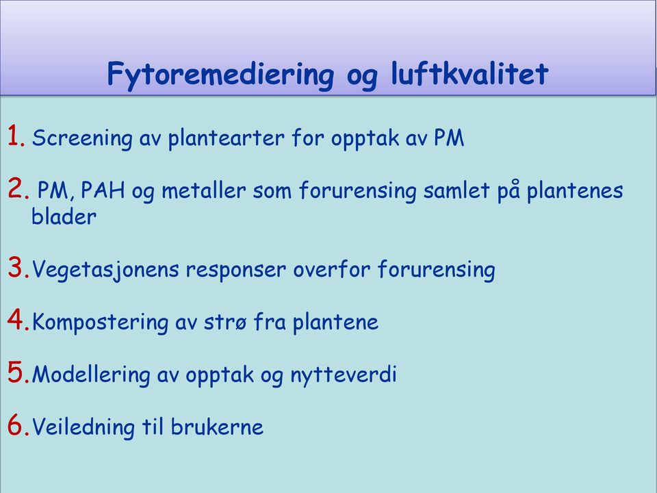 PM, PAH og metaller som forurensing samlet på plantenes blader 3.