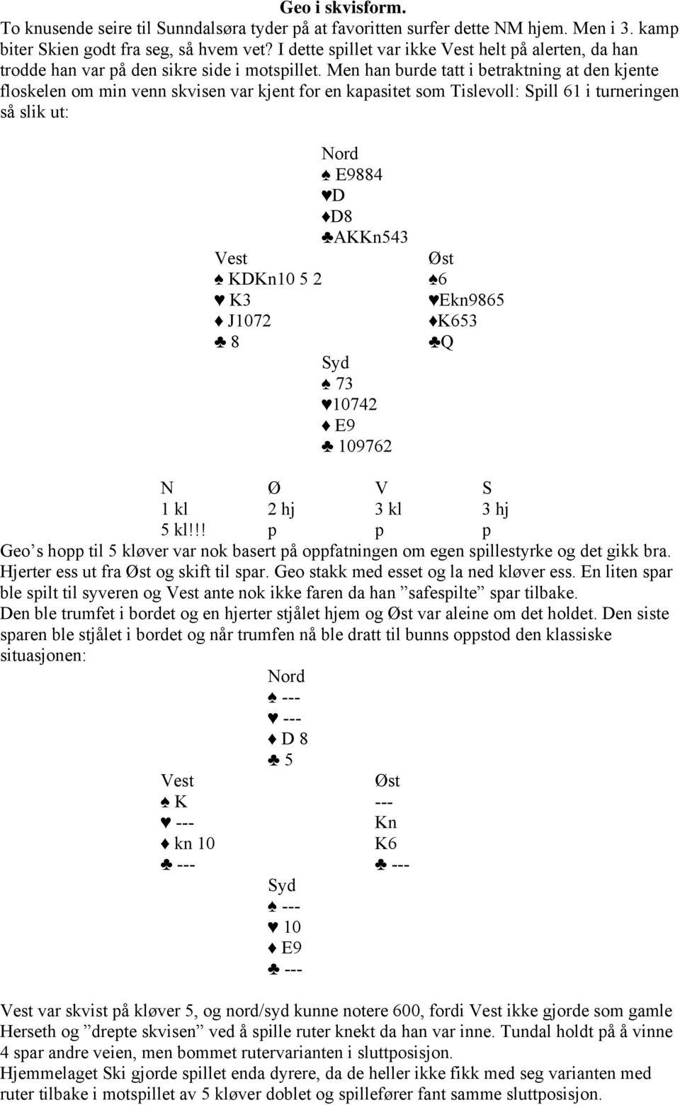 Men han burde tatt i betraktning at den kjente floskelen om min venn skvisen var kjent for en kapasitet som Tislevoll: Spill 61 i turneringen så slik ut: Nord E9884 D D8 AKKn543 Vest KDKn10 5 2 K3