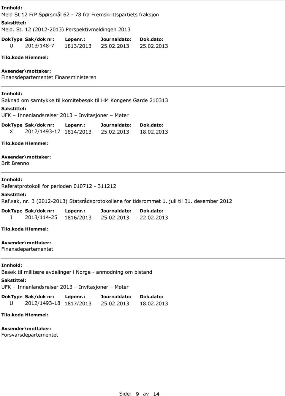 12 (2012-2013) Perspektivmeldingen 2013 2013/148-7 1813/2013 Finansdepartementet Finansministeren Søknad om samtykke til komitebesøk til HM Kongens Garde 210313 FK