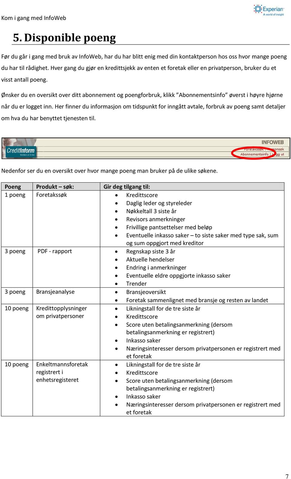 Ønsker du en oversikt over ditt abonnement og poengforbruk, klikk Abonnementsinfo øverst i høyre hjørne når du er logget inn.