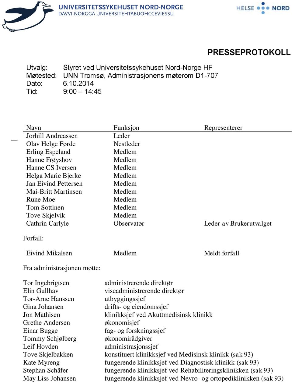 Pettersen Mai-Britt Martinsen Rune Moe Tom Sottinen Tove Skjelvik Cathrin Carlyle Observatør Leder av Brukerutvalget Forfall: Eivind Mikalsen Meldt forfall Fra administrasjonen møtte: Tor