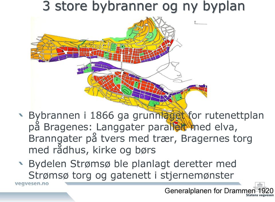 med trær, Bragernes torg med rådhus, kirke og børs Bydelen Strømsø ble