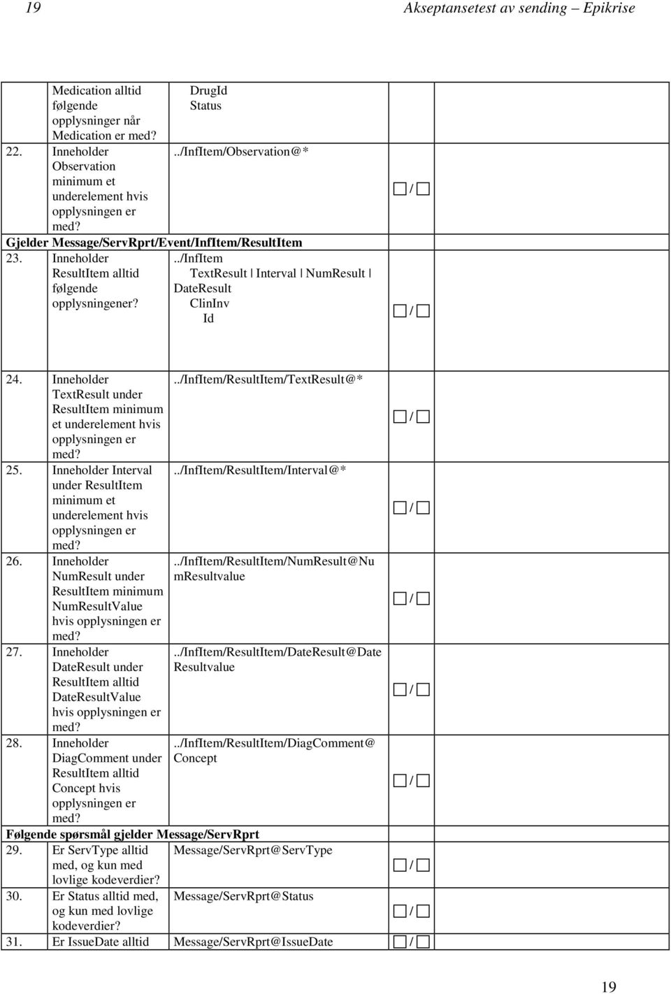 Inneholder TextResult under ResultItem minimum et underelement hvis opplysningen er 25. Inneholder Interval under ResultItem minimum et underelement hvis opplysningen er 26.