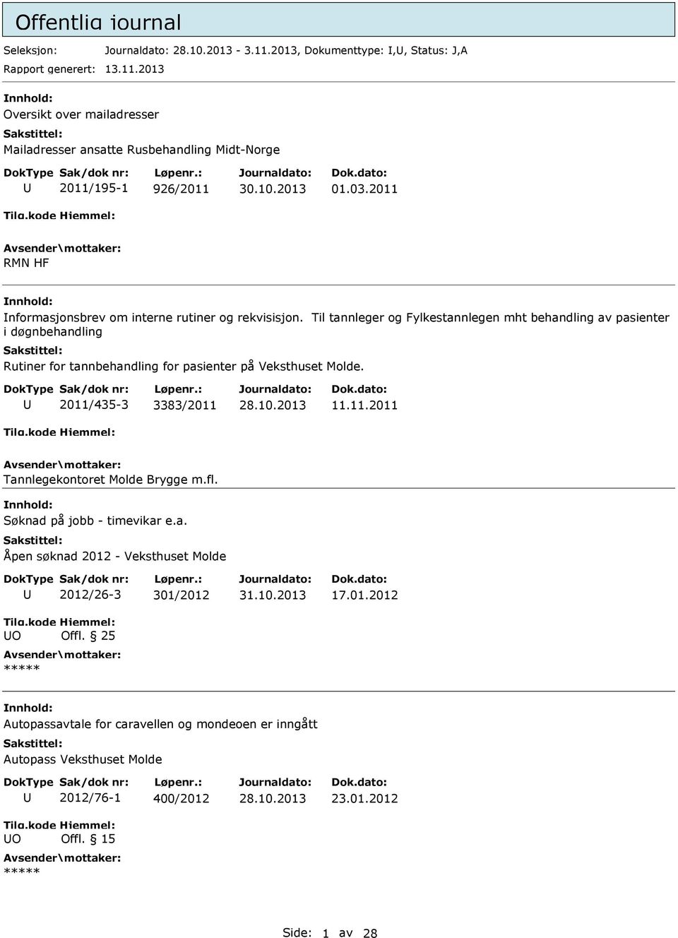 Til tannleger og Fylkestannlegen mht behandling av pasienter i døgnbehandling Rutiner for tannbehandling for pasienter på Veksthuset Molde. 2011/