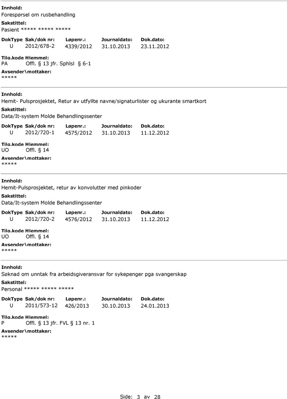 2012/720-1 4575/2012 Offl. 14 11.12.2012 Hemit-Pulsprosjektet, retur av konvolutter med pinkoder Data/t-system Molde Behandlingssenter O 2012/720-2 4576/2012 Offl.