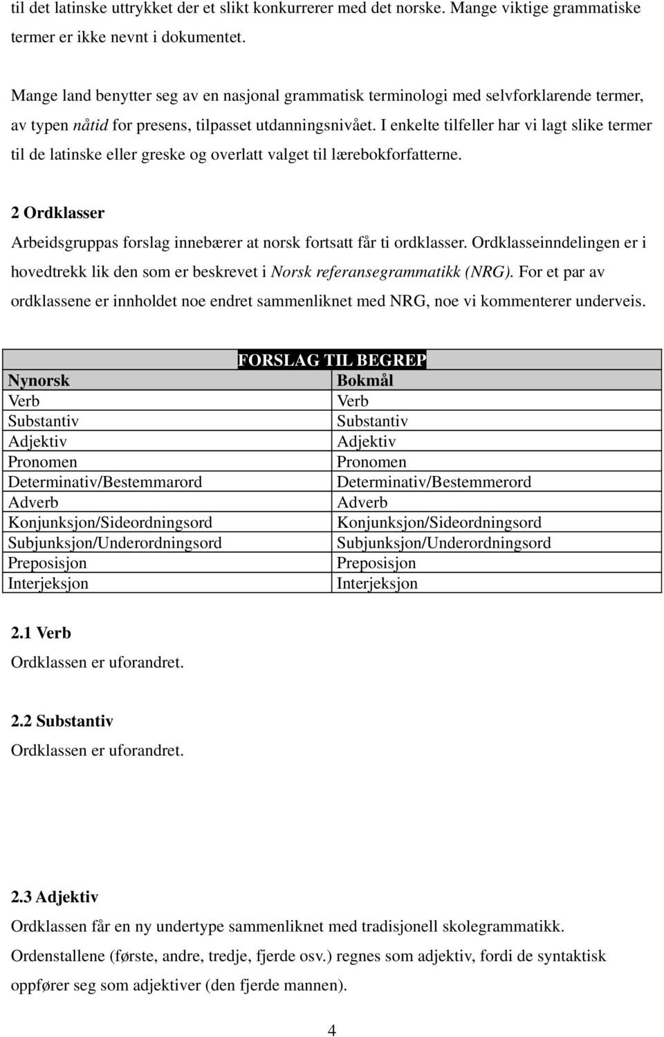 I enkelte tilfeller har vi lagt slike termer til de latinske eller greske og overlatt valget til lærebokforfatterne. 2 Ordklasser Arbeidsgruppas forslag innebærer at norsk fortsatt får ti ordklasser.