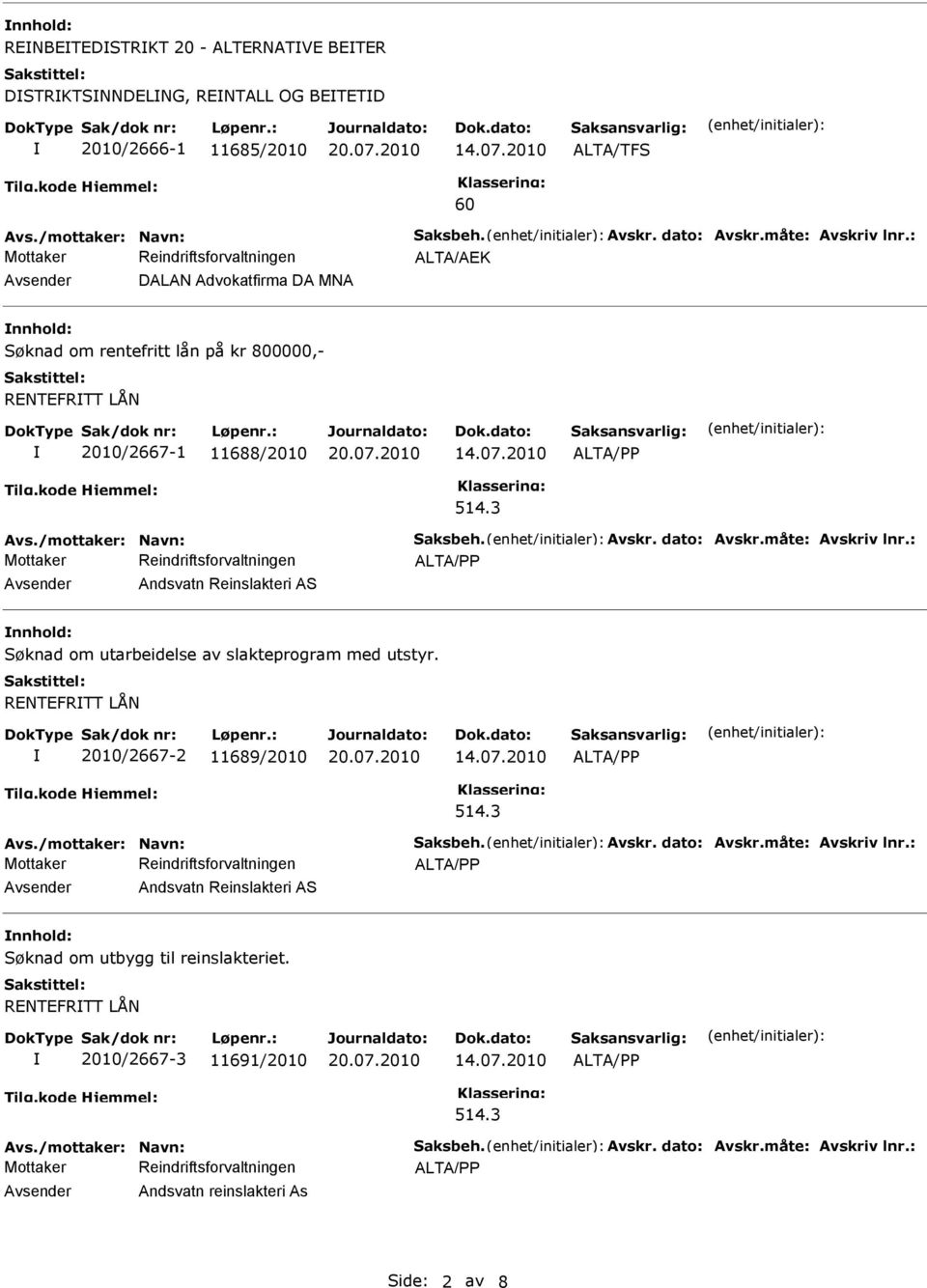 : Avsender Andsvatn Reinslakteri AS nnhold: Søknad om utarbeidelse av slakteprogram med utstyr. RENTEFRTT LÅN 2010/2667-2 11689/2010 514.3 Avs./mottaker: Navn: Saksbeh. Avskr. dato: Avskr.