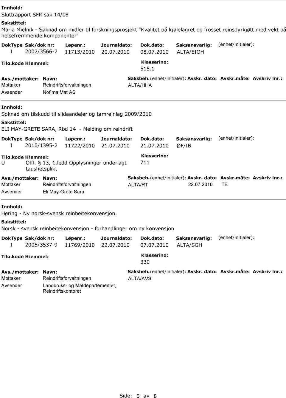 : ALTA/HHA Avsender Nofima Mat AS nnhold: Søknad om tilskudd til siidaandeler og tamreinlag 2009/2010 EL MAY-GRETE SARA, Rbd 14 - Melding om reindrift 2010/1395-2 11722/2010 21.07.2010 21.07.2010 ØF/B Tilg.