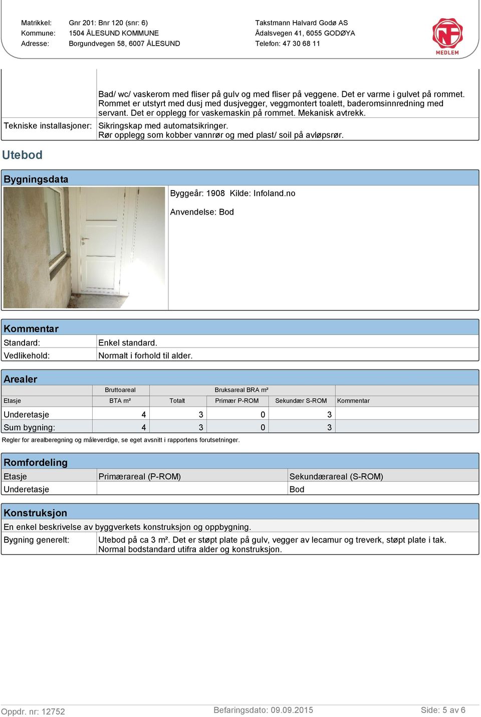 Utebod Bygningsdata Byggeår: 1908 Kilde: Infoland.no Anvendelse: Bod Standard: Enkel standard. Vedlikehold: Normalt i forhold til alder.