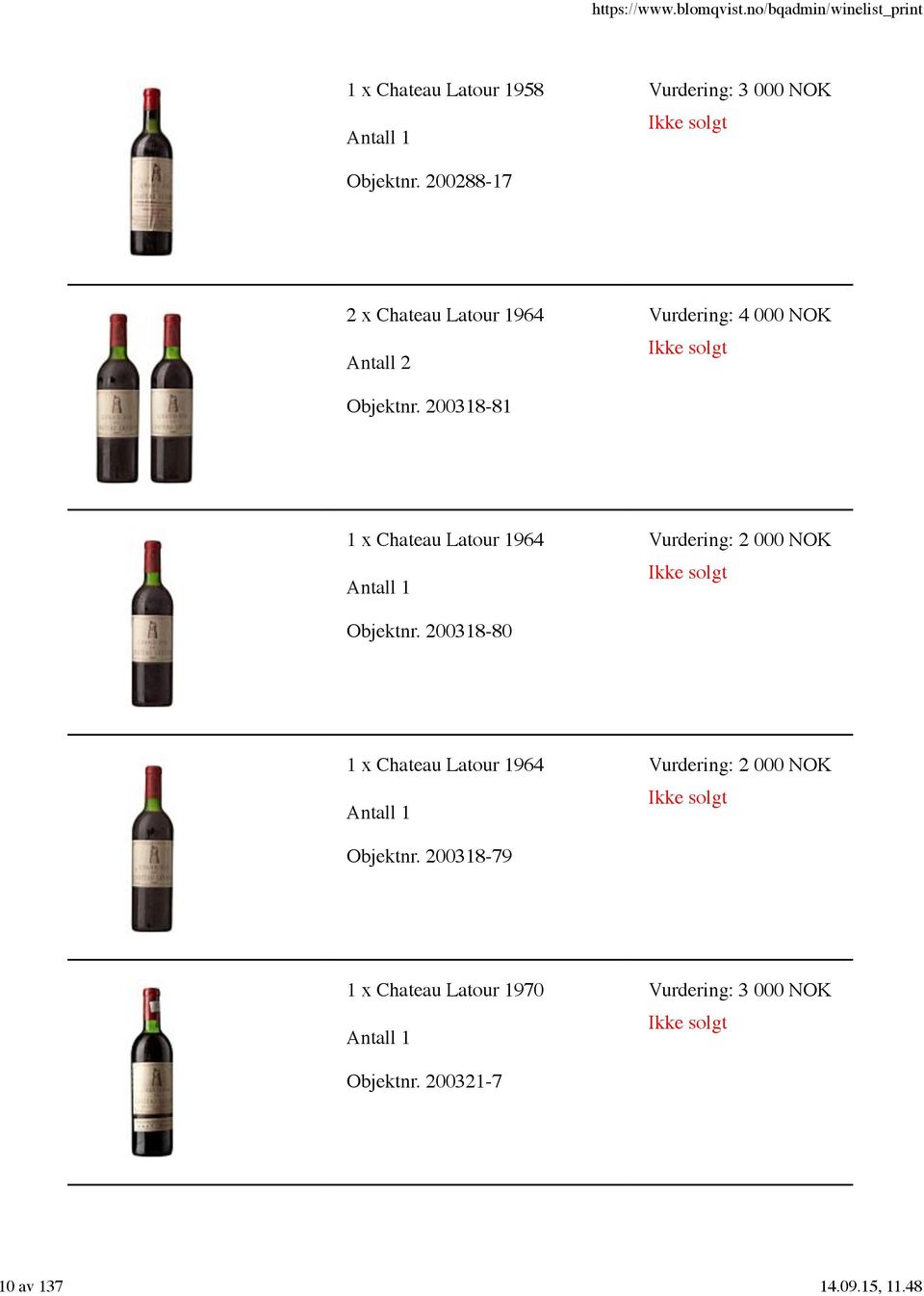 200318-81 1 x Chateau Latour 1964 Vurdering: 2 000 NOK Objektnr.