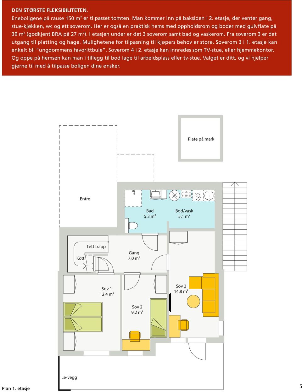 Fra soverom 3 er det utgang til platting og hage. Mulighetene for tilpasning til kjøpers behov er store. Soverom 3 i 1. etasje kan enkelt bli ungdommens favorittbule. Soverom 4 i 2.